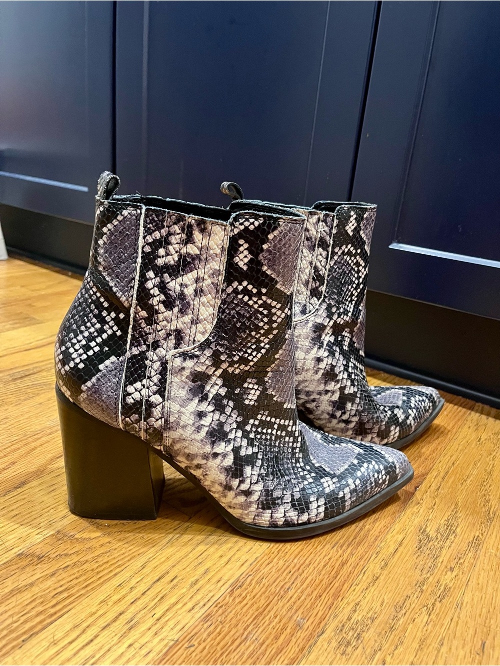 Marc Fisher Snake-Print Block Heel Booties - Black/Gray